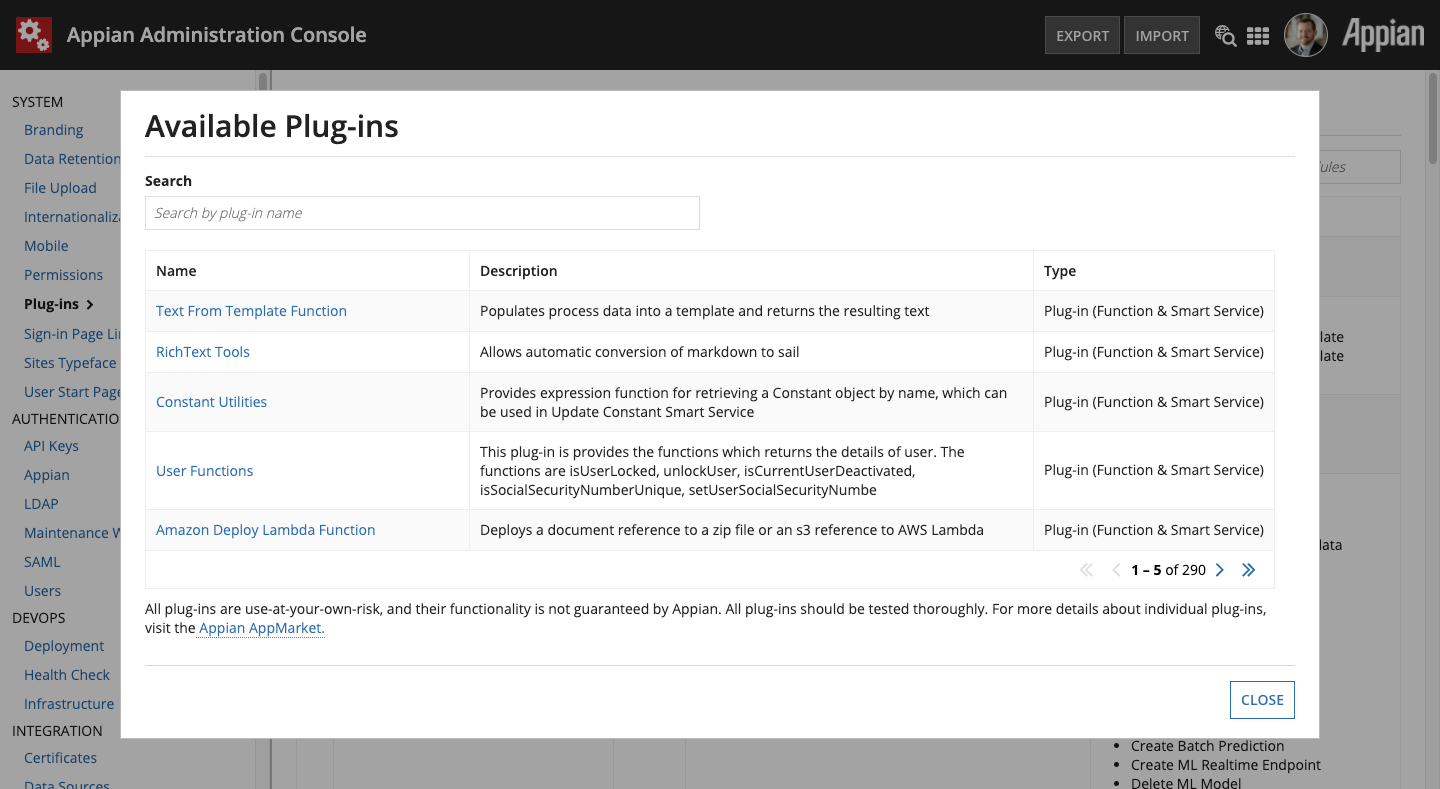 Plugins modal